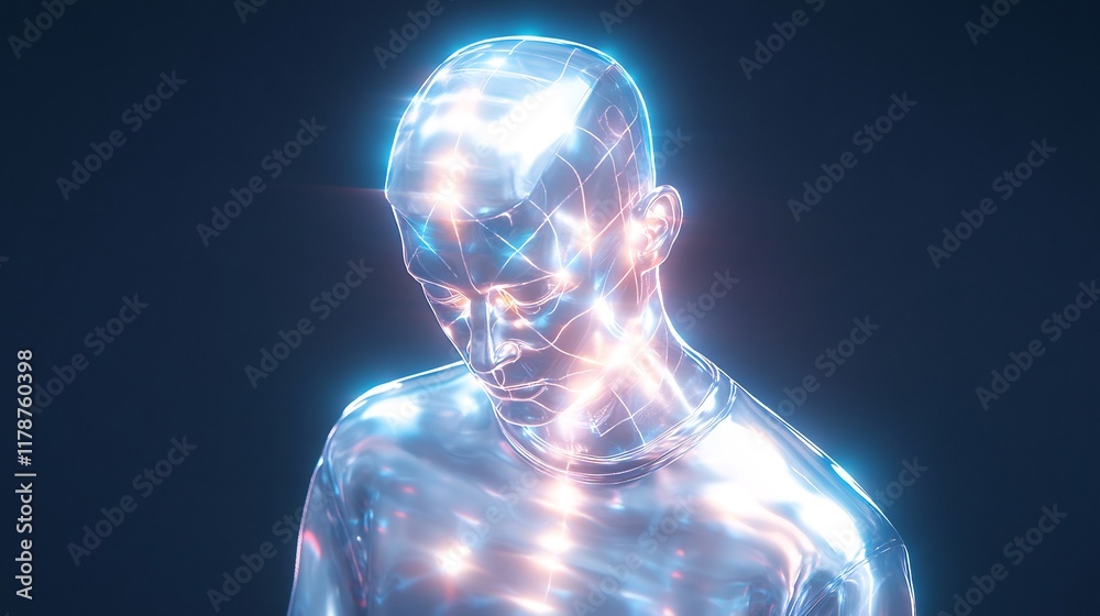 Glowing Crystal Human Head 3D Render: Futuristic Abstract Illustration. AI Generated