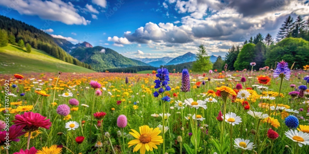 Fototapeta premium Vibrant wildflowers in full bloom against a backdrop of lush green meadow, Spring, beauty, colors, blooming, flowers, meadow