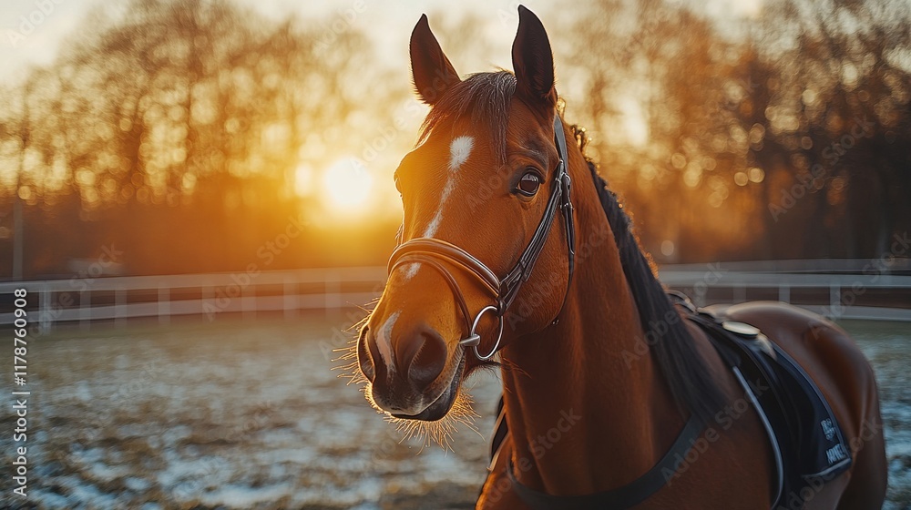 Obraz premium A horse stands in a field at sunset, showcasing its beauty against a vibrant sky.