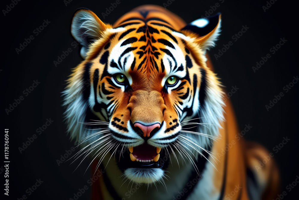 Fototapeta premium Powerful tiger with piercing gaze and bared teeth against a dark backdrop.