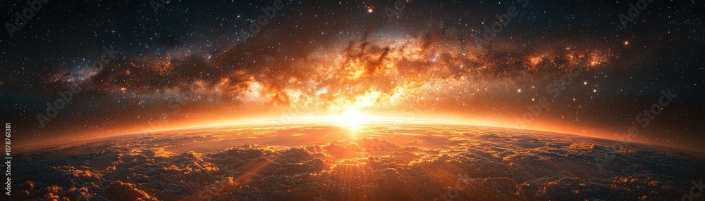 Naklejka premium Beautiful earth curve a starry view from space capturing the event of sunrise over our planet