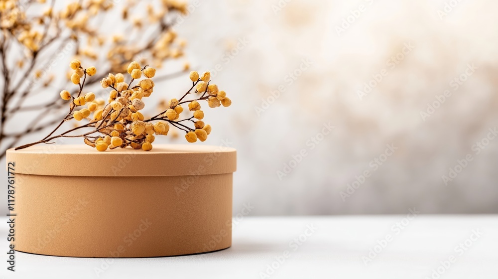A minimalist round box mockup in earthy tones, adorned with a delicate branch of yellow dried berries, set against a soft neutral background A minimalist round box mockup in earthy tones, adorned with a delicate branch of yellow dried berries, set against a soft neutral background