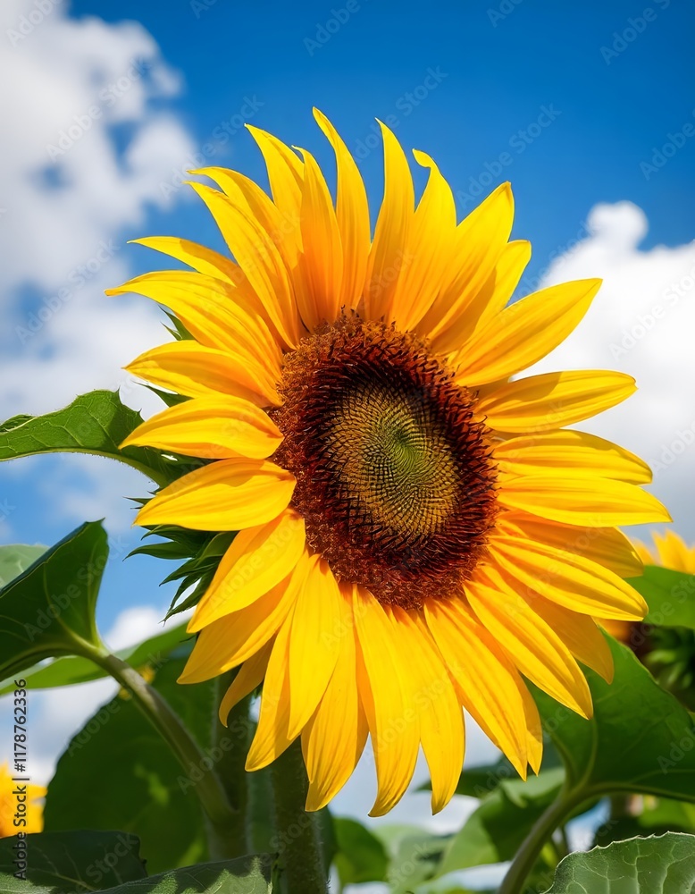 A single long-stemmed sunflower standing tall in a field of wildflowers, flower, solitary A single long-stemmed sunflower standing tall in a field of wildflowers, flower, solitary