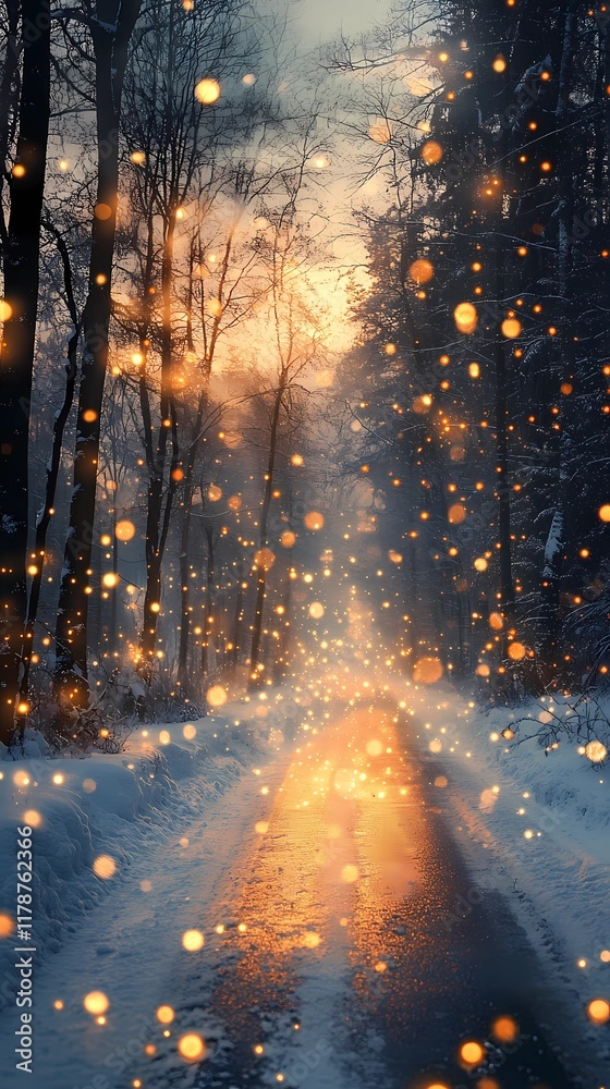 Enchanting winter forest road with glowing blurred bokeh lights background. Enchanting winter forest road with glowing blurred bokeh lights background.