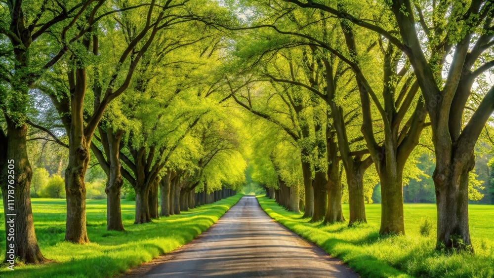 Nature park with lush green trees lining a tranquil rural road in the spring , Spring, Nature, Green, Trees, Park, Rural Nature park with lush green trees lining a tranquil rural road in the spring , Spring, Nature, Green, Trees, Park, Rural