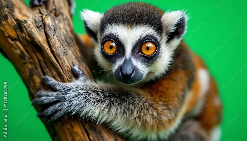 Obraz premium Ring-tailed Lemur Portrait: Vibrant Eyes, Rustic Wood, Lush Green