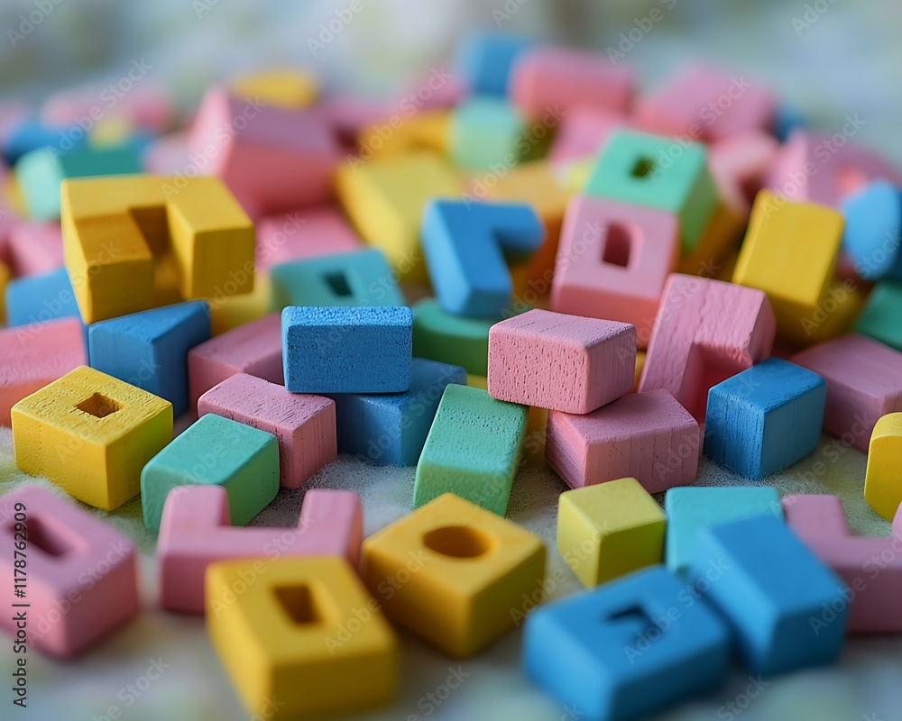 A colorful set of wooden alphabet blocks scattered on a soft surface with diffused natural light A colorful set of wooden alphabet blocks scattered on a soft surface with diffused natural light