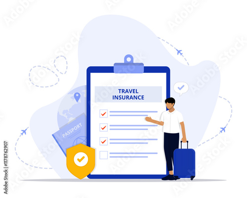 travel insurance concept illustration. Suitable for landing page, ui, web, App intro card, editorial, flyer, and banner.