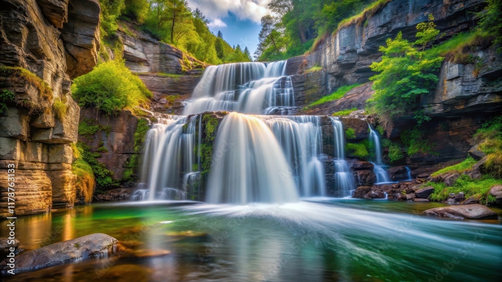 Slow shutter speed image of a majestic waterfall and stream in chasm, waterfall, stream, nature, outdoor Slow shutter speed image of a majestic waterfall and stream in chasm, waterfall, stream, nature, outdoor
