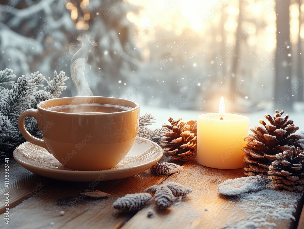 custom made wallpaper toronto digitalA steaming cup of coffee on a ceramic saucer, placed on a wooden slice, winter-themed setting