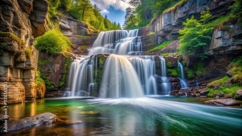 Slow shutter speed image of a majestic waterfall and stream in chasm, waterfall, stream, nature, outdoor