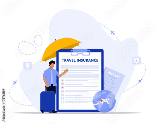 travel insurance concept illustration. Suitable for landing page, ui, web, App intro card, editorial, flyer, and banner.