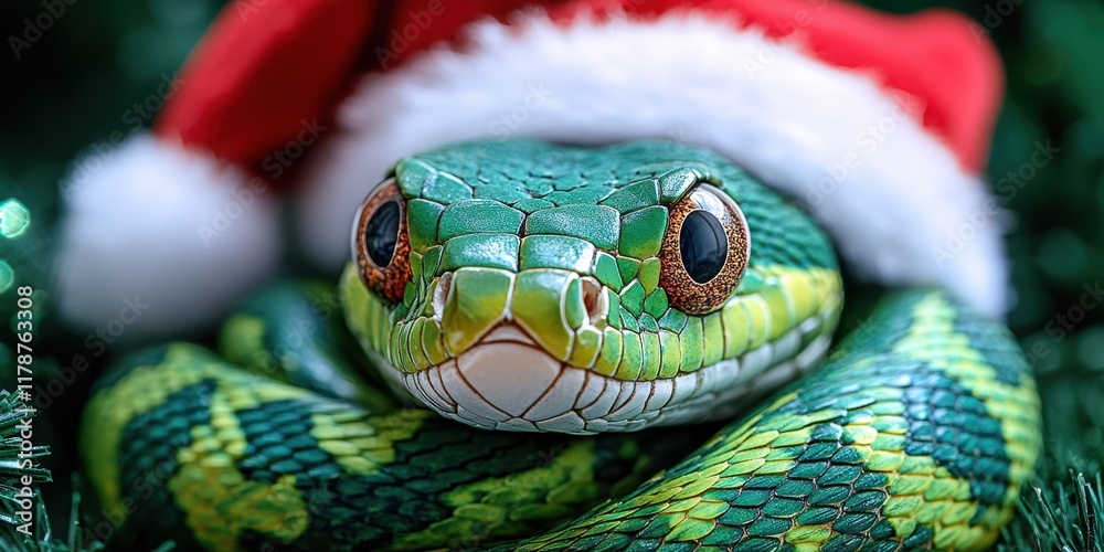Fototapeta premium A green wooden snake with Santa Claus hat, creating a unique and festive decoration perfect for Christmas and holiday creativity