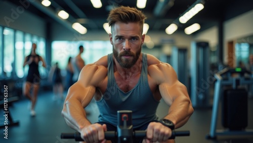 Focused man with toned muscles exercising in a gym, embodies dedication and strength, suitable for fitness blogs, health ads, and motivational posters photo