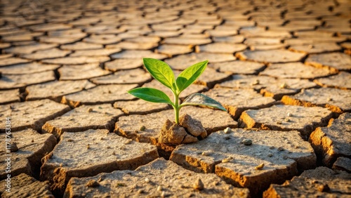 Small plant struggling to survive on dry, cracked soil , drought, plant, survival, arid, cracked, soil, climate, dry