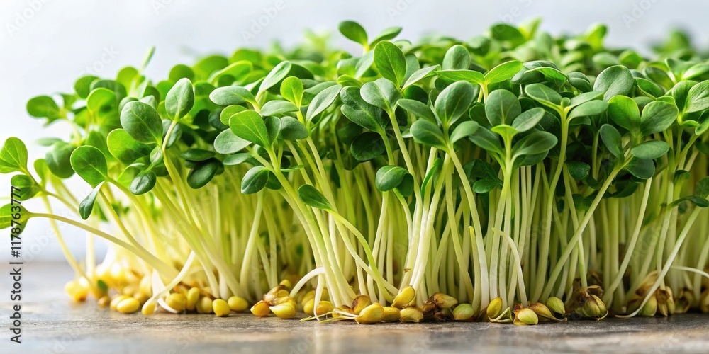 Obraz premium Fresh fenugreek microgreens with tender green leaves and a hint of yellow, neatly arranged , fenugreek