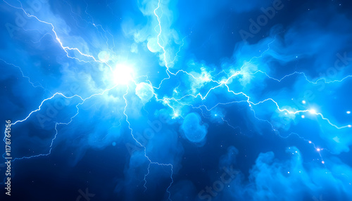 Bright Blue Lightning Strike in the Sky: Powerful Electrical Storm

 photo