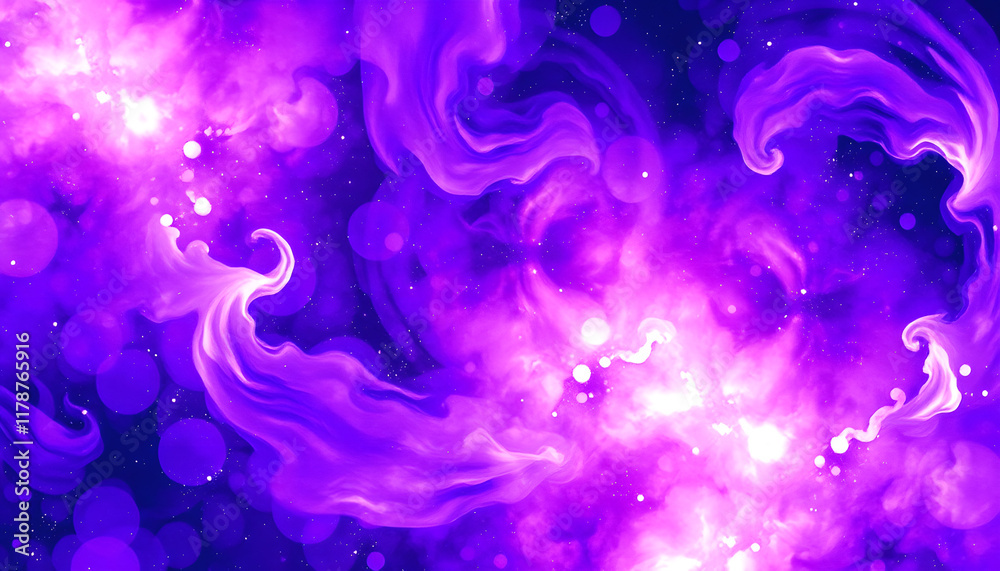 Fototapeta premium Abstract space background with swirling bright purple and glowing white patterns, resembling a colorful energy explosion, watercolor