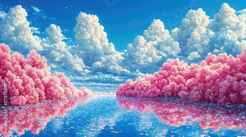 Enchanted Pink Blossom Paradise: A Dreamlike Landscape of Serenity and Tranquility photo