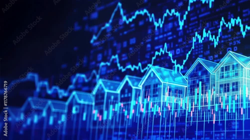 Stock market graph with houses on it, highlighting trends of increasing mortgage rates, fluctuating interest rates, and home equity loan opportunities