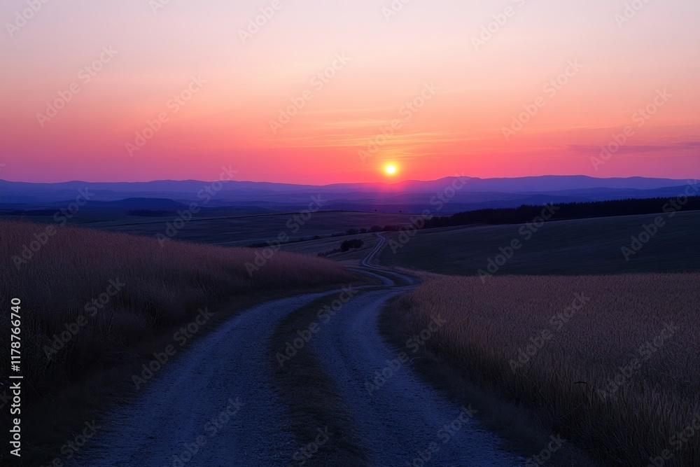 Breathtaking sunset over winding dirt road in serene countryside landscape capturing the tranquility of nature at dusk Breathtaking sunset over winding dirt road in serene countryside landscape capturing the tranquility of nature at dusk