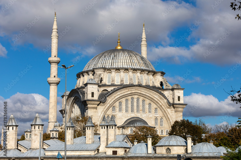 A beautiful view of the Nuruosmaniye Camii, the mosque near the Grand Bazaar in Istanbul, Turkey