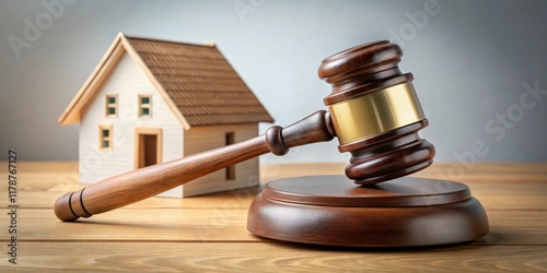 Auction hammer on top of a housing model, auction, hammer, housing, model, property, auctioning, real estate