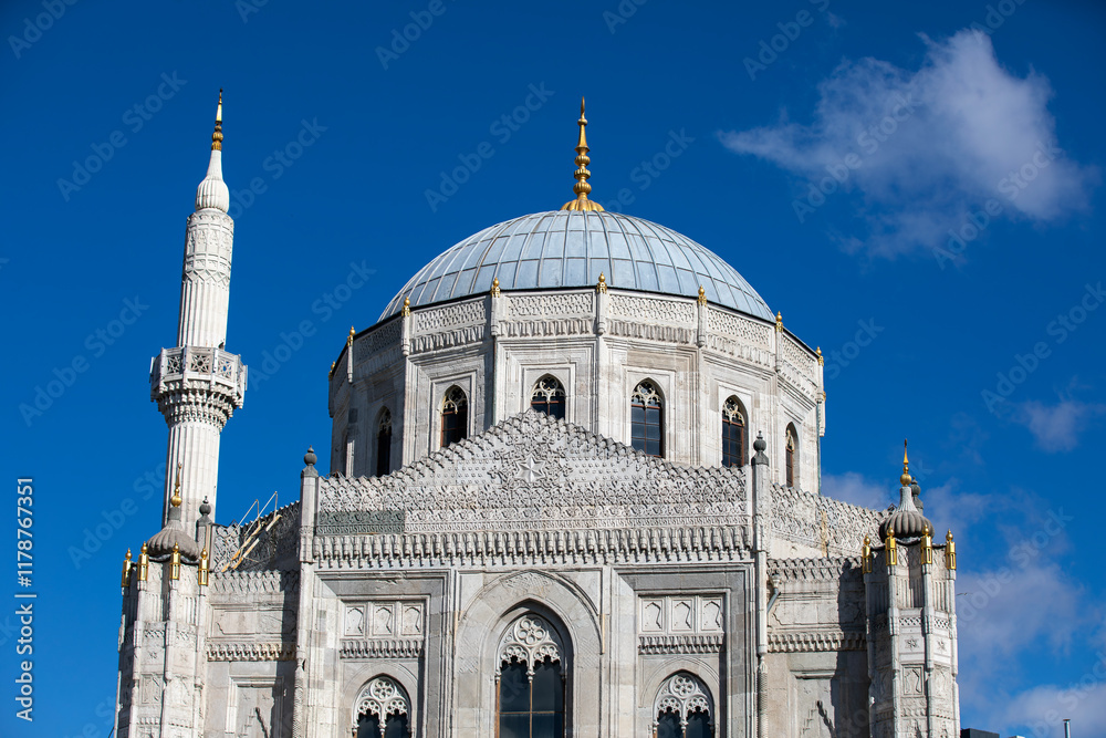 Interior detail from Pertevniyal Valide Sultan Mosque, a 19th century Ottoman imperial mosque located in Aksaray, Istanbul, Turkey.