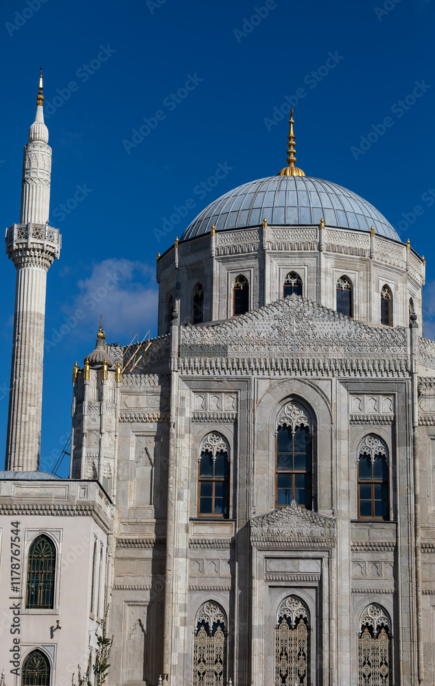 Interior detail from Pertevniyal Valide Sultan Mosque, a 19th century Ottoman imperial mosque located in Aksaray, Istanbul, Turkey.