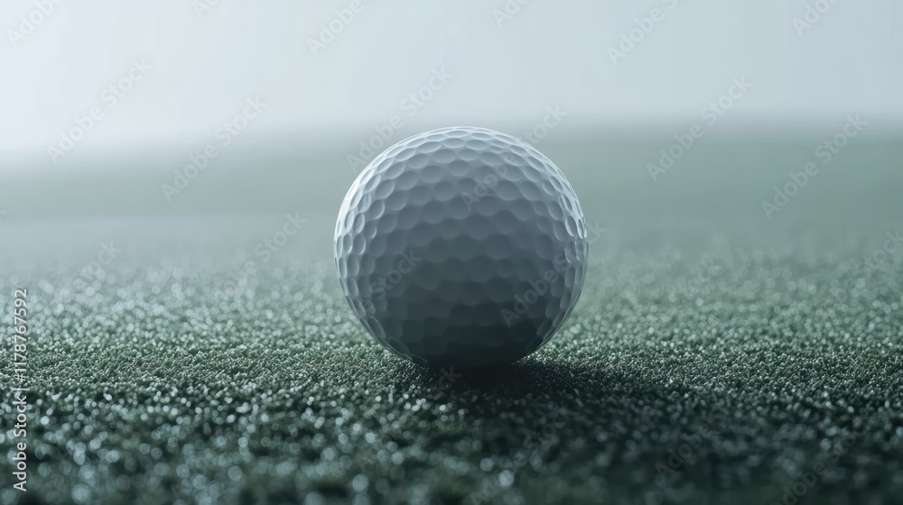 Close-up of a golf ball resting on a putting green, slightly obscured by a misty atmosphere. Close-up of a golf ball resting on a putting green, slightly obscured by a misty atmosphere.