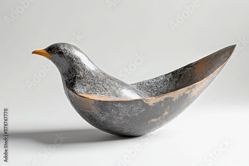 A sleek, modern bird sculpture with a metallic finish and minimalist design sits on a neutral background photo