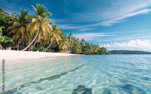 Tropical Beach in Boracay Idyllic tropical beach with palm trees, clear turquoise water, and white sand.