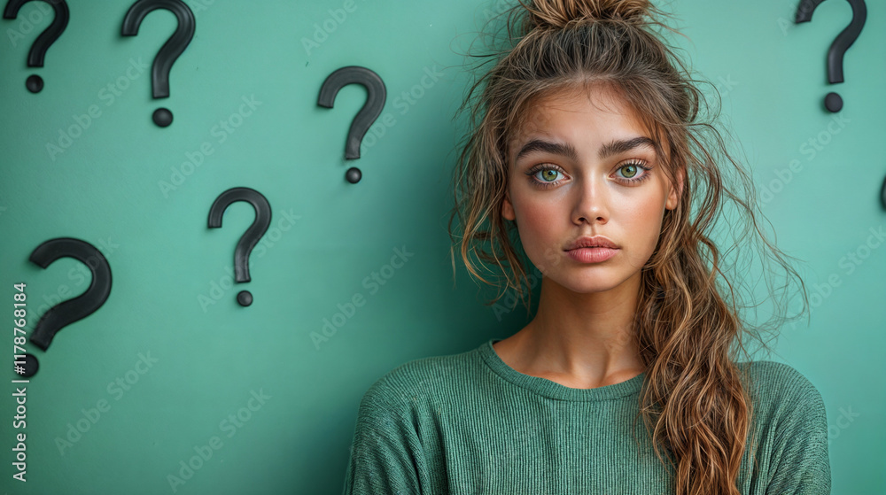 The image features a person standing in front of a turquoise background with multiple question marks