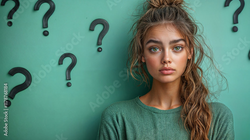 Obraz na płótnie The image features a person standing in front of a turquoise background with multiple question marks w salonie