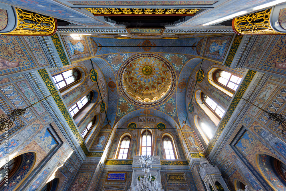 Interior detail from Pertevniyal Valide Sultan Mosque, a 19th century Ottoman imperial mosque located in Aksaray, Istanbul, Turkey.