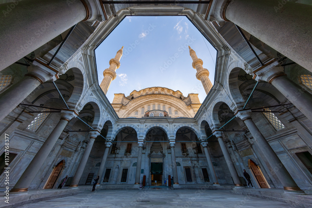 A beautiful view of the Nuruosmaniye Camii, the mosque near the Grand Bazaar in Istanbul, Turkey