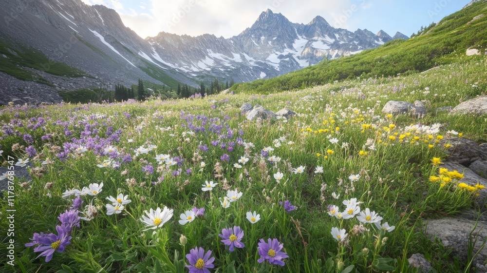 Fototapeta premium Mountain Wildflowers Meadow Alpine Bloom Summer Landscape