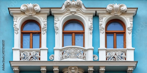 Elegant baroque revival windows on blue stucco building façade photo