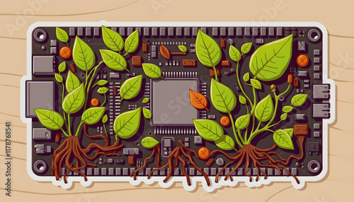 Illustration of motherboard or cicruit board covered with leaves roots and plants, concept of sustainable development and green energy ecology, sticker style, with white tones photo