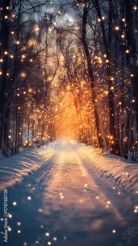 Enchanting winter forest road with glowing blurred bokeh lights background.
