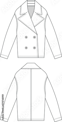 collareddouble breasted buttoned long sleeve cocoon short jacket coat overcoat outerwear template technical drawing flat sketch cad mockup fashion woman design style model 
