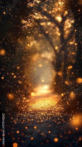 Enchanting winter forest road with glowing blurred bokeh lights background.