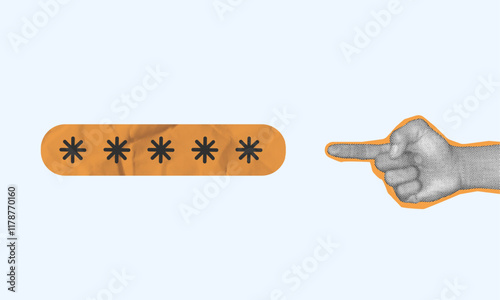 halftone collage, Strong password security, Finger pointing at a password orange field with asterisks. Protect your accounts with reliable, encrypted login credentials. account authentication