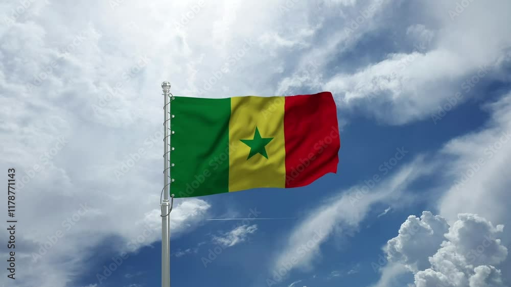 Senegal Flag Waving Majestically on a Flagpole Against a Clear Blue Sky in Gentle Wind Senegal Flag Waving Majestically on a Flagpole Against a Clear Blue Sky in Gentle Wind