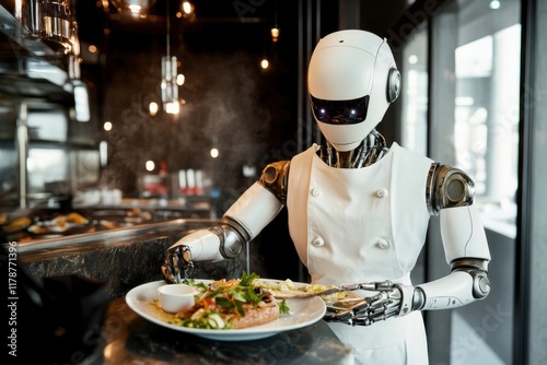 Humanoid robot serves gourmet dish in modern restaurant kitchen