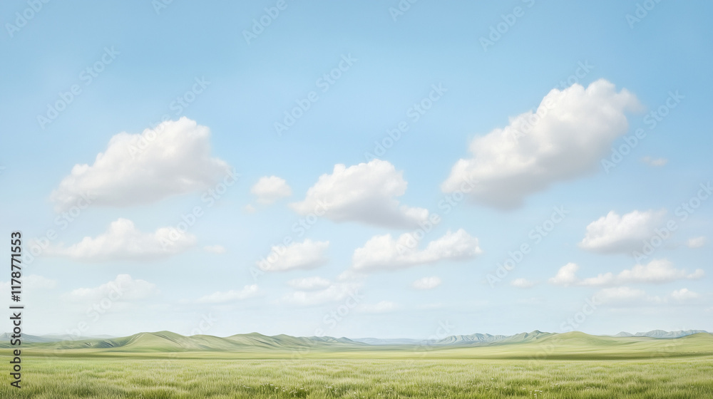 Tranquil Meadow under a Vast Sky: A serene landscape showcasing a boundless expanse of green meadow stretching towards a cerulean sky adorned with fluffy white clouds. Tranquil Meadow under a Vast Sky: A serene landscape showcasing a boundless expanse of green meadow stretching towards a cerulean sky adorned with fluffy white clouds.