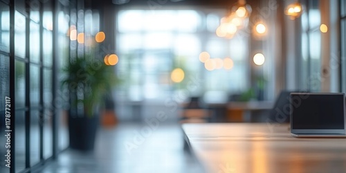Wallpaper Mural Abstract Blurred Office Workspace with Modern Decor and Natural Light Highlighting a Laptop on a Wooden Table in a Contemporary Setting Torontodigital.ca