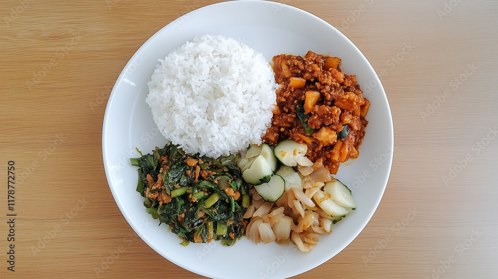 Delicious Indonesian Meal: A vibrant and appetizing overhead shot of a traditional Indonesian meal served on a white plate. The meal includes fluffy white rice, flavorful stir-fried vegetables. Delicious Indonesian Meal: A vibrant and appetizing overhead shot of a traditional Indonesian meal served on a white plate. The meal includes fluffy white rice, flavorful stir-fried vegetables.