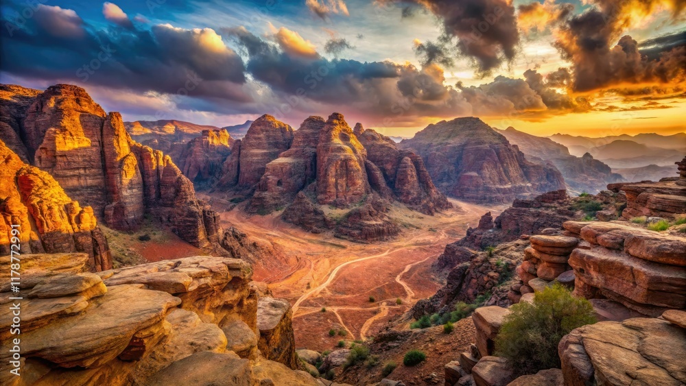 Obraz premium Explore Jordan's breathtaking landscapes: Petra's ruins, Wadi Rum's desert, the Dead Sea, and stunning aerial vistas.
