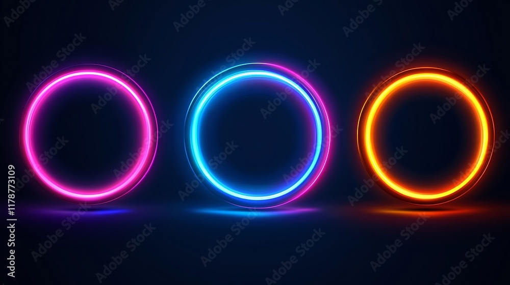 Naklejka premium Three vibrant neon circles glow brightly in the dark